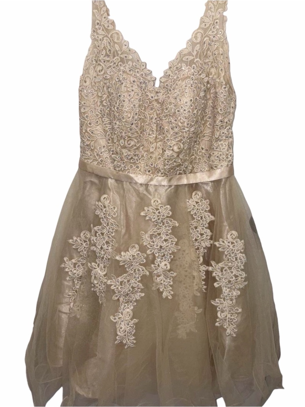 NEW Cindy Collection Sleeveless Lace-Embellished Midi Dress in Champagne Size XS